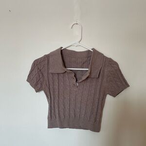 Brown Cable Knit Collared Crop Top